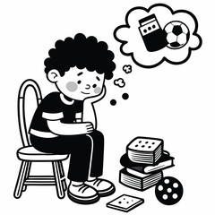 Vector black silhouettes the child does not know how to express his thoughts. Daydreaming Child with Soccer Ball Thought Bubble. black silhouettes of Child Daydreaming. 