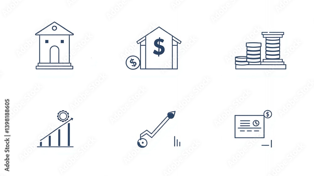 Poster six different financial related icons arranged in a grid on a white background in a vector style