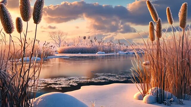 Frosty sunrise over a snow-covered riverbank with cattails