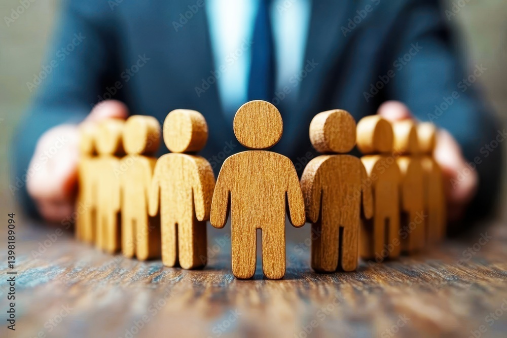 Poster wooden figures representing teamwork and collaboration in a professional setting with a blurred back