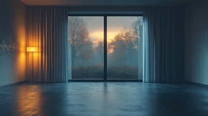 An empty room with a window and floor lamp lighting