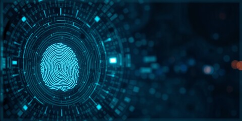 Obraz premium A glowing blue fingerprint inside a circular tech interface against a dark background with bokeh effect