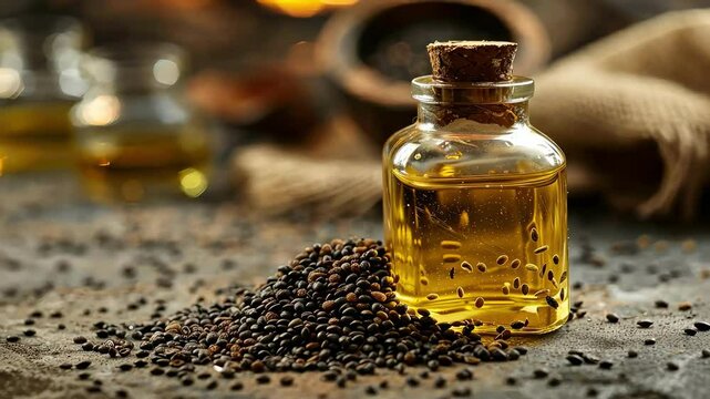 Niger seed essential oil. Selective focus