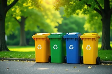 Brightly colored recycling bins in a lush green park , green park, metal