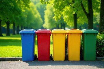 Brightly colored recycling bins in a lush green park , environmentally friendly, outdoor