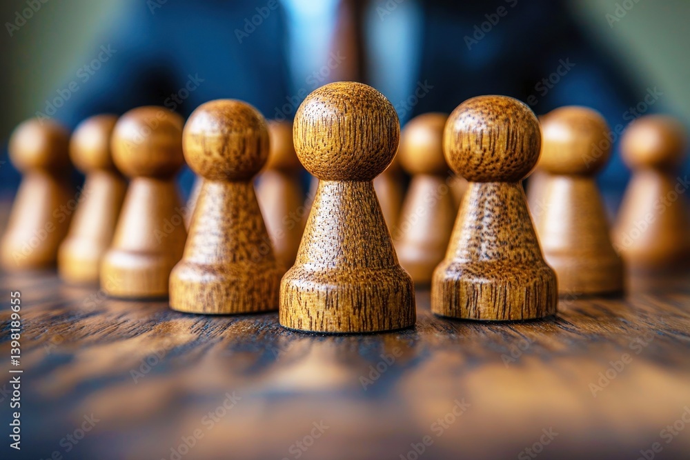 Poster classic wooden game pieces on a table with a blurred businessman background emphasizing strategy and