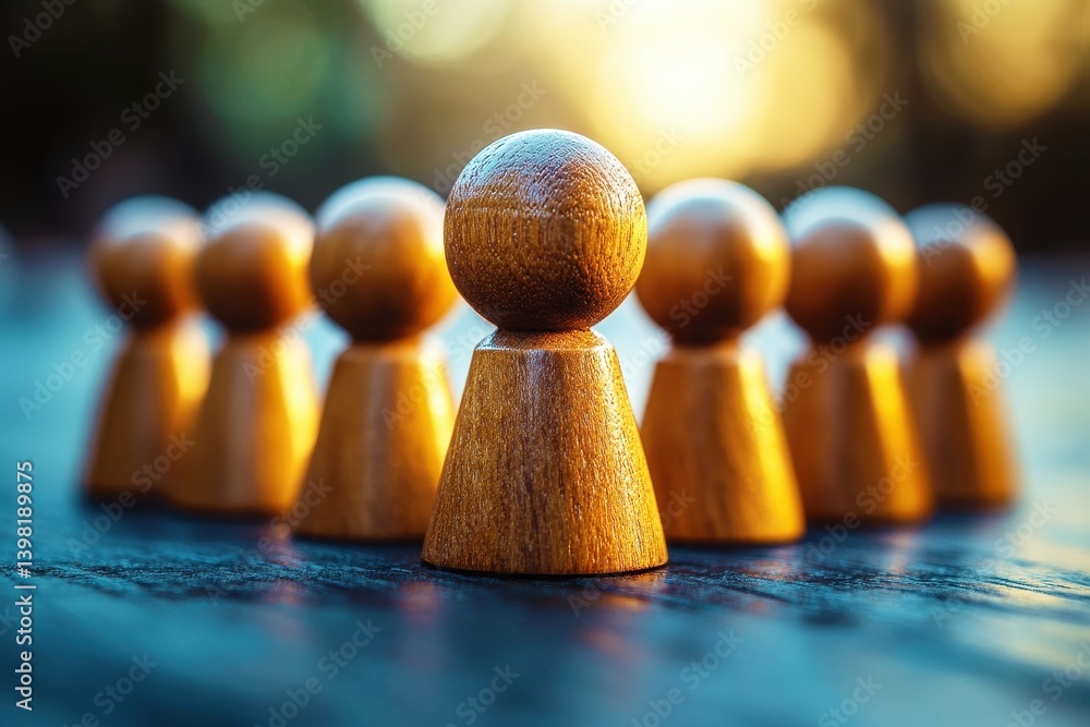 Poster wooden game pieces arranged in a circle with a soft focus background and warm light shining, symboli