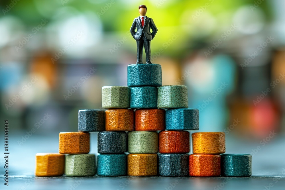 Poster business success concept with figurine on stack of colorful blocks displaying growth and achievement