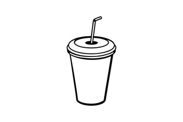 A black and white line art drawing of a soft drink cup with a straw sticking out.eps
