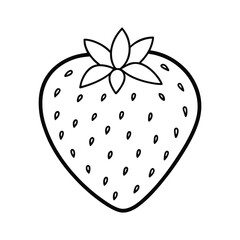 A black and white line art drawing of a strawberry with small seeds and a leafy top.eps