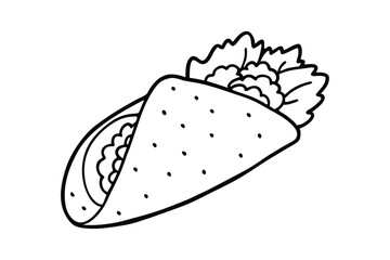 A black and white line art drawing of a burrito wrapped halfway.eps