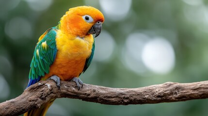 A colorful parrot perched on a rustic branch against a blurred green background, showcasing its bright plumage and lively presence in a natural environment.