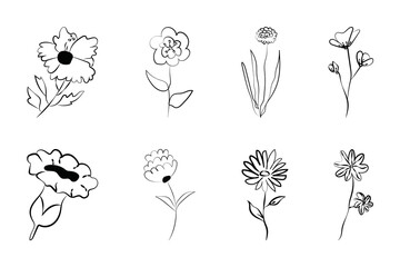 Seamless vector pattern design with a cartoon set of hand-drawn flower doodles and decorative elements