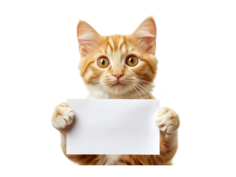 Cute cat holding blank paper isolated on transparent background. generative Ai. - Powered by Adobe