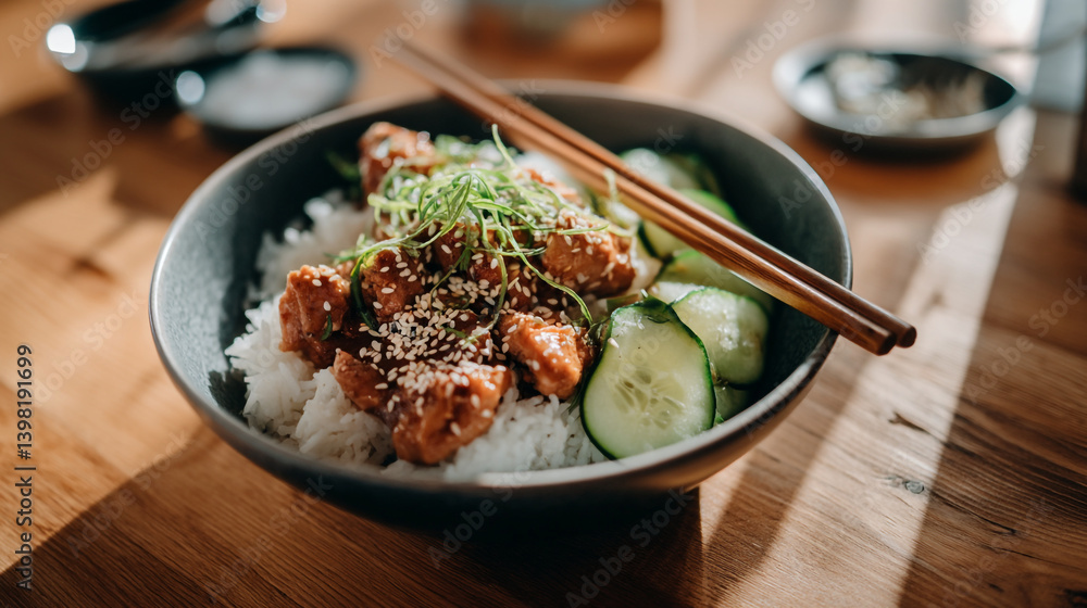 Poster close up of a bowl of rice with chicken and cucumbers on a wooden table with chopsticks resting on t