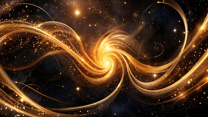 Golden swirls and sparkles in cosmic abstract space