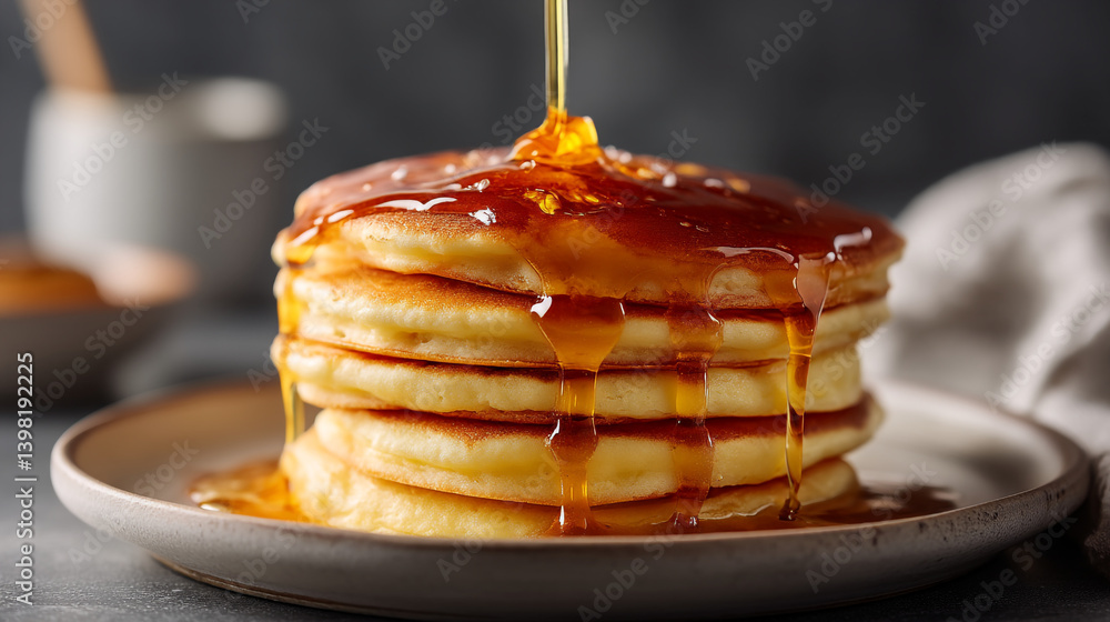 Poster stack of pancakes being drizzled with syrup on a plate with a blurred background in a close up view