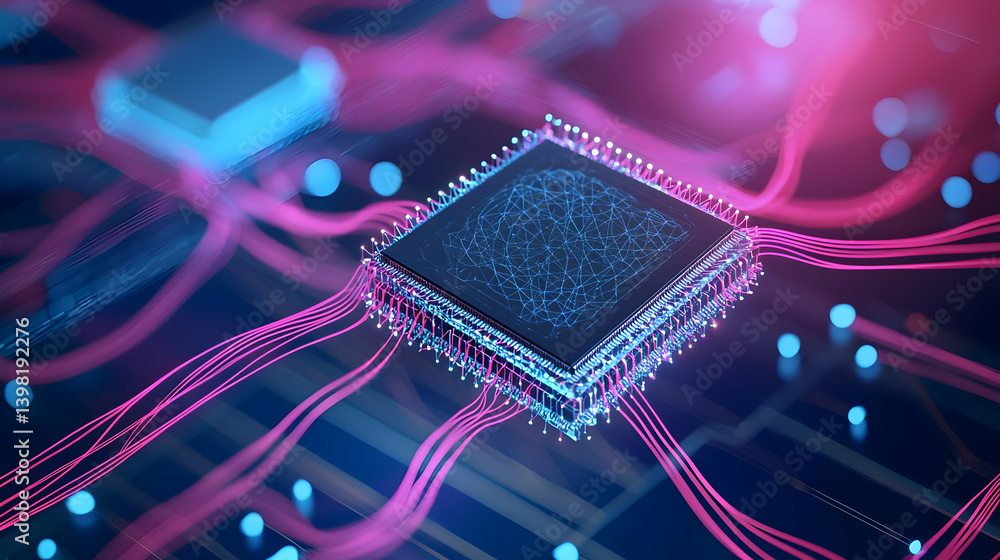 Poster abstract digital circuit board with glowing chip and neural network