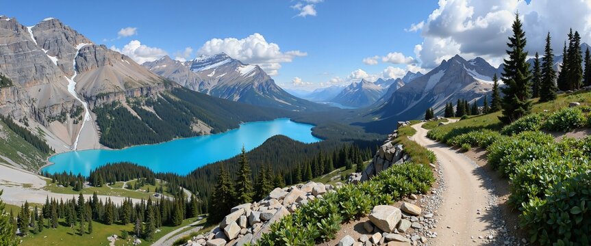 A breathtaking view of a turquoise mountain lake nestled between towering peaks, surrounded by pine forests and a winding dirt path inviting exploration