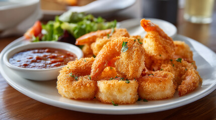A plate of golden fried shrimp with dipping sauce and a side salad on a wooden table surface