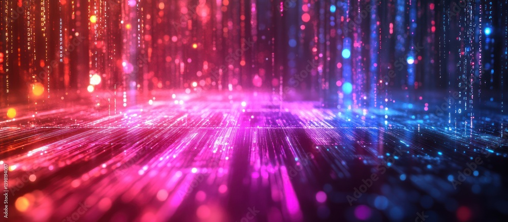 Poster digital rain falling on circuit board; tech background