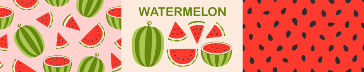 Watermelon, seeds seamless pattern set. Fruit and berry jam background and icon. Flat Vector illustration 