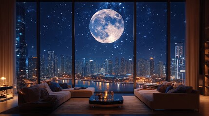A Luxurious Living Room Shows a Night View with Moon and City