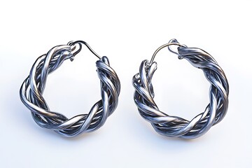 Naklejka premium Avant-garde earrings crafted from twisted metal wires, showcased against a high-key white canvas for a striking effect.