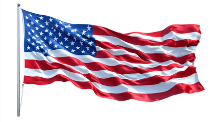 Fototapeta premium American Flag Waving on a Flagpole Symbolizing Patriotism and National Pride AGAINST CLEAN WHITE BACKGROUND
