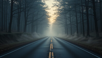 Fototapeta premium Cinematic mist rolling from the corners of an empty road through a shadowy forest at dawn 