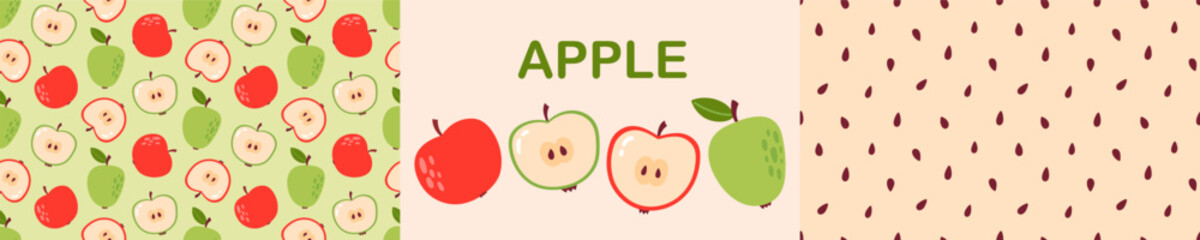 Apple, seeds seamless pattern set. Fruit jam background and icon. Flat Vector illustration  