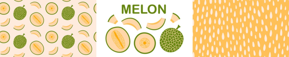 Melon, seeds seamless pattern set. Fruit and berry jam background and icon. Flat Vector illustration 