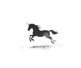 Black unicorn galloping, white background, fantasy art, children's book illustration