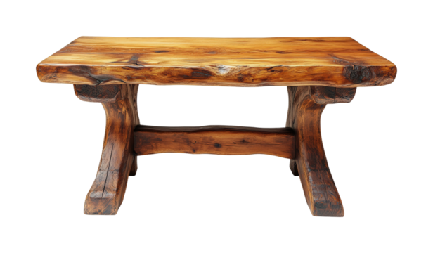 Rustic wooden bench home furniture front view isolated on transparent background, png