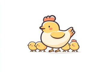 Fototapeta premium Hen leads chicks; idyllic farm scene; spring; cute illustration; children's book