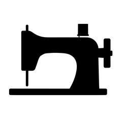 Minimalist black silhouette of a sewing machine with spool and needle arm