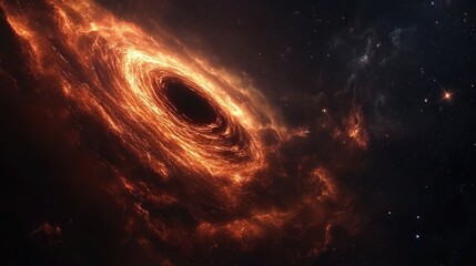A dark black hole surrounded by a fiery, glowing accretion disk in space.