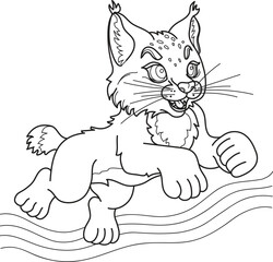 cute lynx running cartoon style vector outline drawing