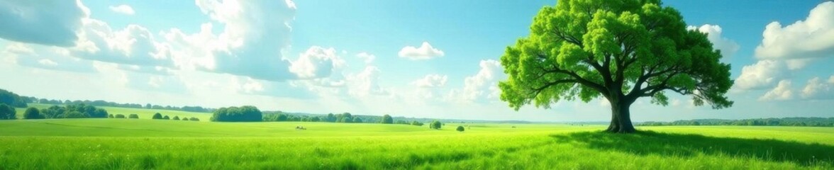 Fototapeta premium Majestic oak, vibrant green field, cloud-dappled sky, botany, blue, horizon