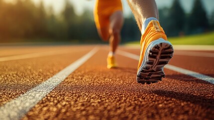 Athlete's foot strides forward on a track