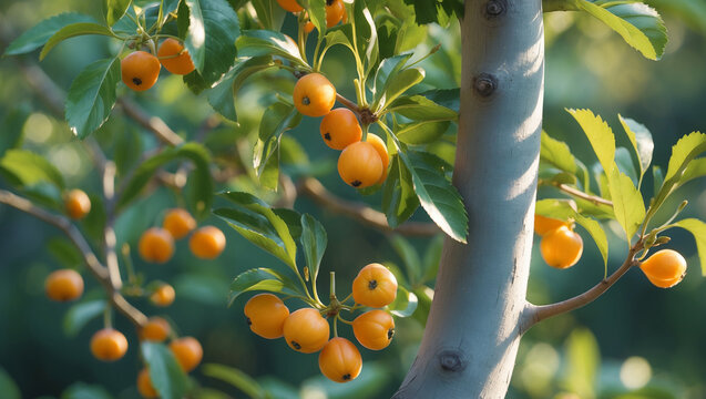 Mespilus Germanica Tree Branch With Ripe Fruit And Green Leaves In Summer