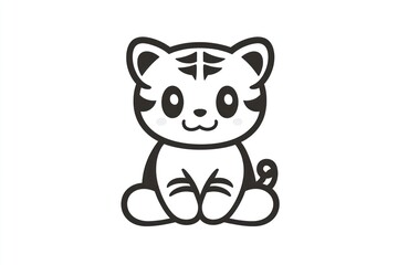 Cute cartoon tiger cub sits on white background, simple line art, kids design