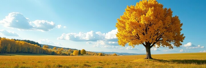 Yellow tree with vibrant foliage standing on a meadow in a Carpathian rural landscape in autumn under a sunny sky with fluffy clouds,  sunny day,  rural area