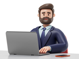 Man working on laptop, symbolizing productivity, focus, or office work. 3D rendering, conceptual image. Isolated on white background.