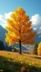 Yellow tree in full autumn foliage on a sunlit meadow, with fluffy clouds in the Carpathian countryside,  meadow, autumn
