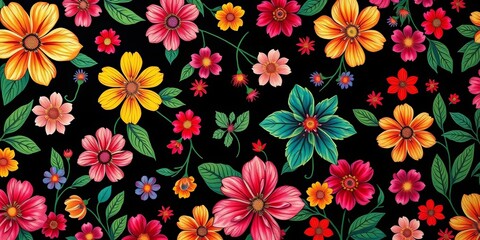 Vibrant floral pattern on black background, ample empty space, background, floral