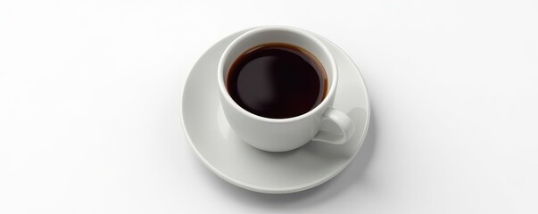 Dark brew in classic coffee cup, pure white backdrop, intense, strong coffee