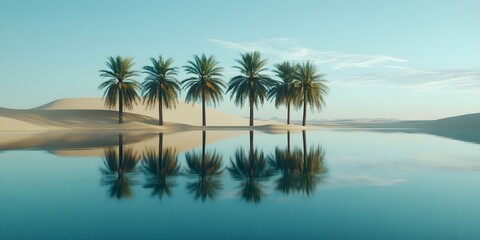 Photo of an oasis with palm trees and sand dunes in the Sahara
