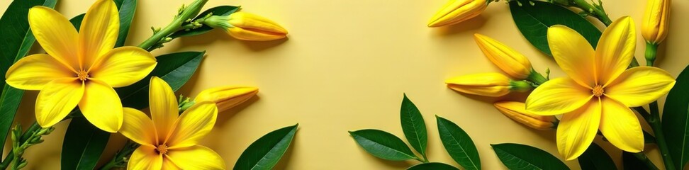 Yellow ylang ylang flowers arranged in a flat lay postcard style with local flora of Asia, creating a vibrant and colorful display,  Asia,  vibrant