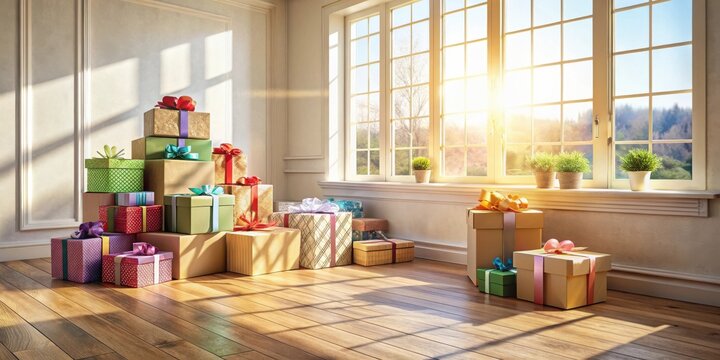 A sunlit room features a delightful arrangement of festively wrapped presents, creating a cheerful and celebratory ambiance